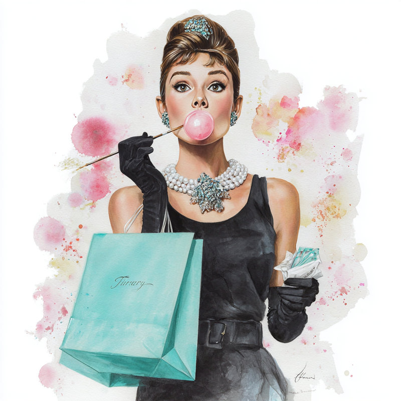«Elegant Woman with Pearls and Pink Bubble», art mural sur toile tendue