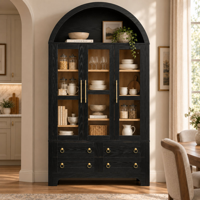 Armoire de cuisine cintrée de 185 cm de haut avec 3 portes en acrylique transparent, 4 tiroirs et étagères réglables, meuble de rangement pour salle à manger