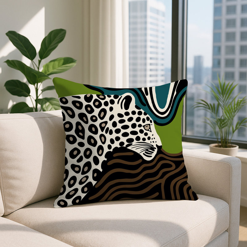 Oreiller carré réversible intérieur / extérieur Shiel Leopard, Émeraude, Carré 20 po