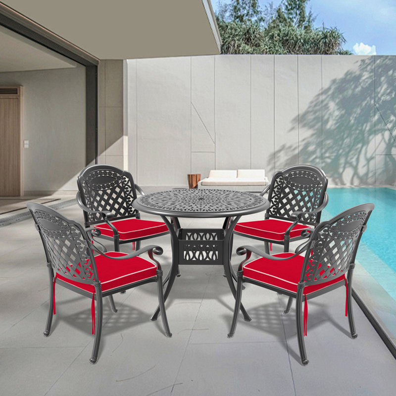 Ensemble de 5 meubles de patio en fonte d'aluminium avec structure et coussins de siège rouges