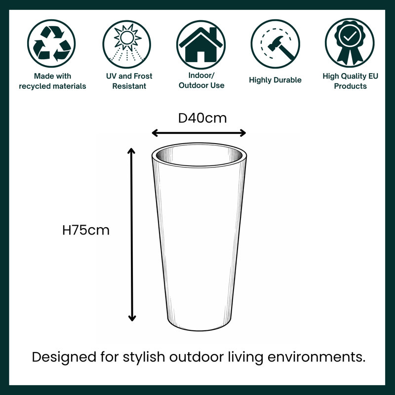 Sukari Tall Round Vase Planter Concrete Effect Recycled Garden Pot, Black, 75cm H x 40cm W x 40cm D