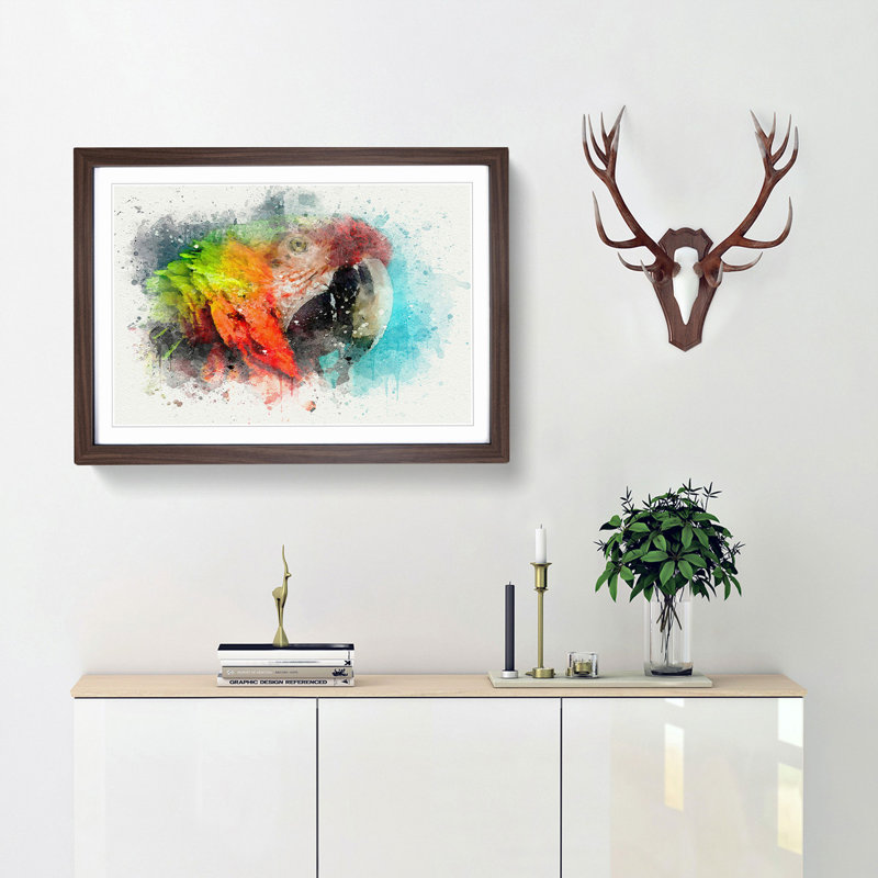 Rainbow Macaw Parrot in Abstract - Picture Frame Graphic Art Print, 50cm H x 76cm W x 2cm D, Walnut