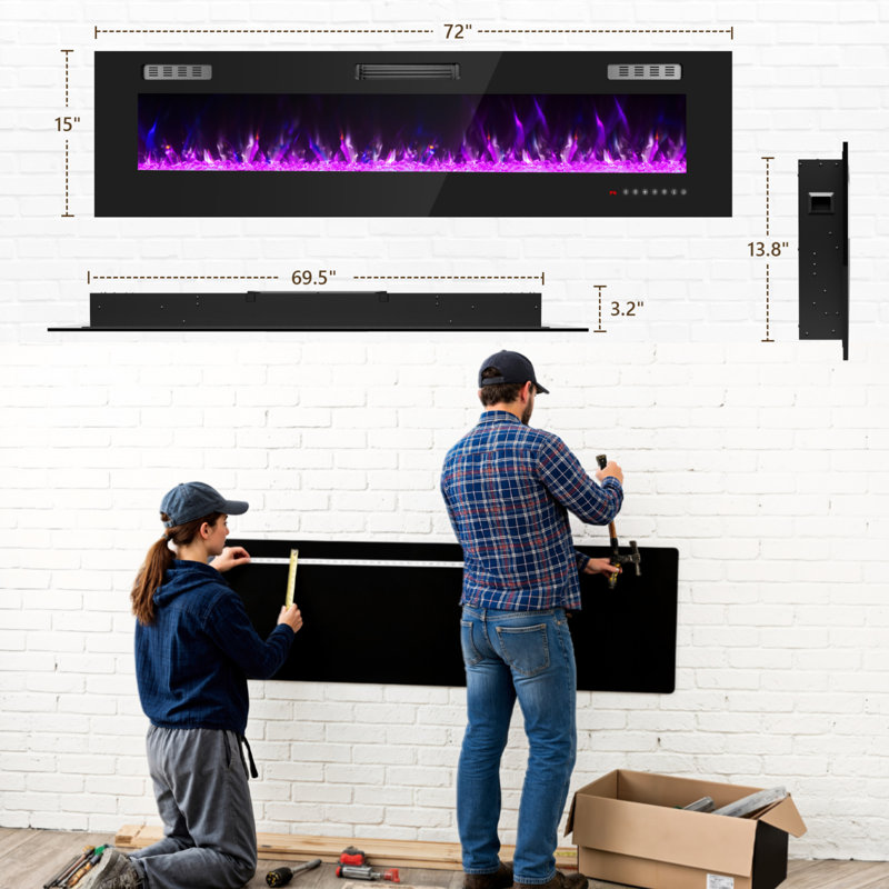 72" Electric Fireplace with 12 Color Flame - Recessed/Wall Mount, Remote Control, 18.11" H x 72" W x 4.17" D