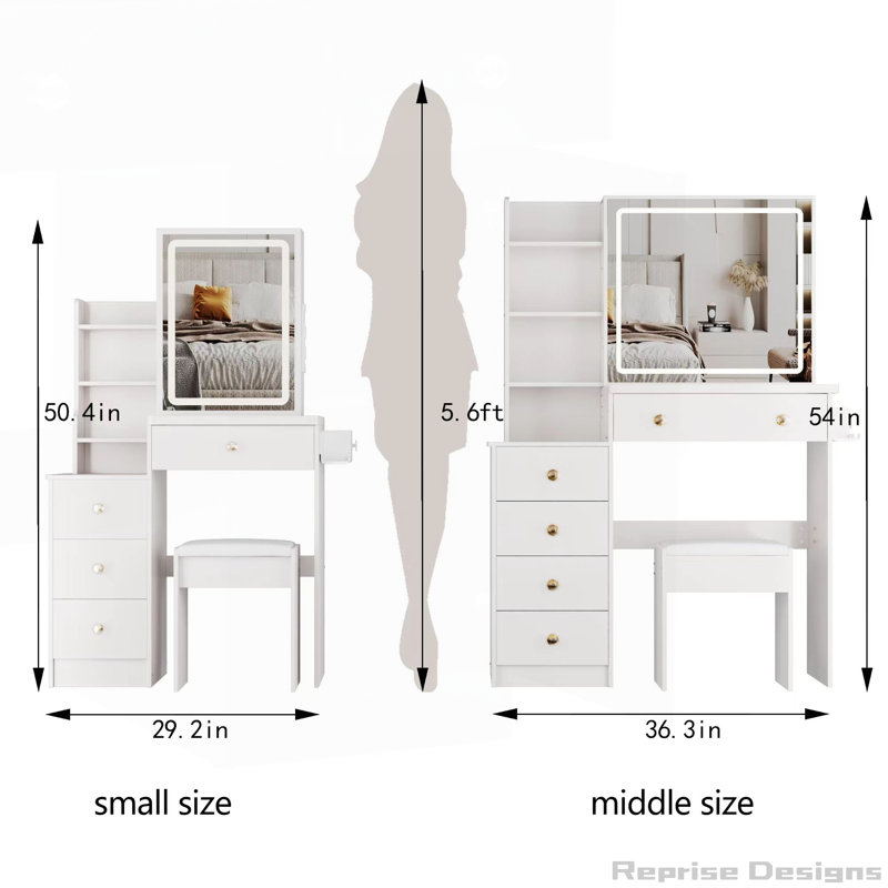 29.2" Small Size Left Bedside Cabinet Vanity Table, Cushioned Stool and Power Station, White
