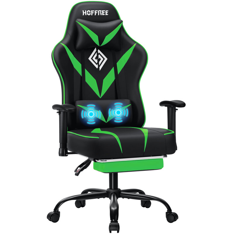 Fauteuil de jeu ergonomique à massage avec accoudoirs réglables, Vert
