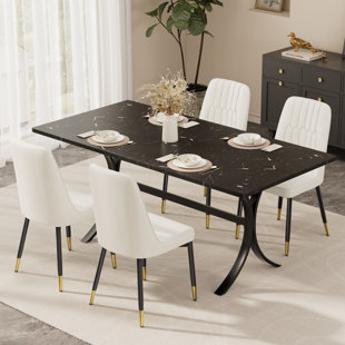 Modern Rectangle Dining Table Set for 4-6, Marble Texture Kitchen Table and Faux Leather Upholstered Chair for Dining Room