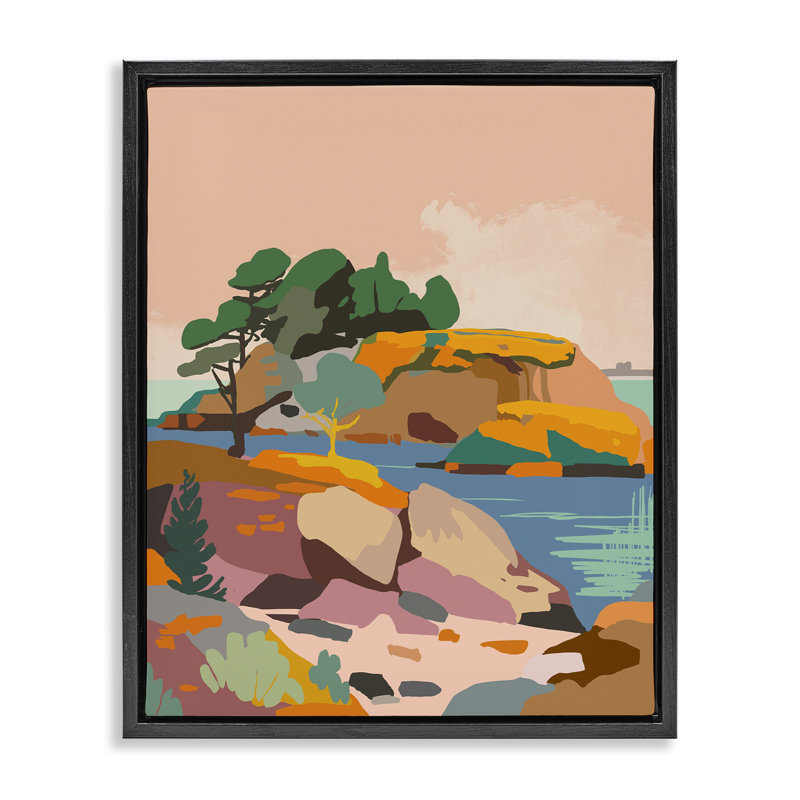 Toile abstraite encadrée, "Lake & Cliff" par Walker Noble, Cadre flottant noir de jais, H 21 po x l 17 po
