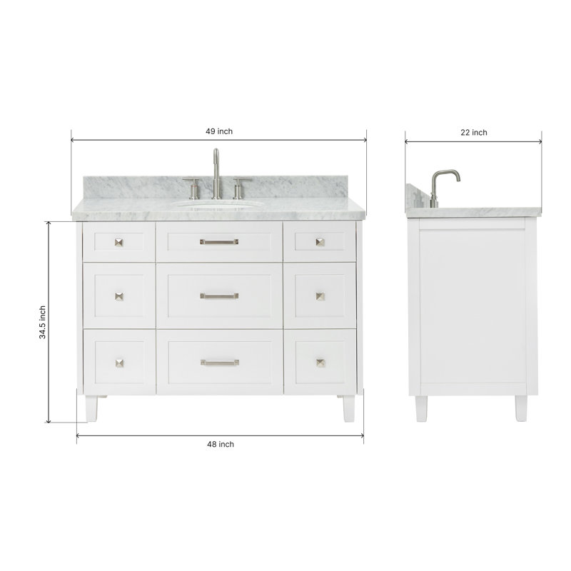 ARIEL Monroe 54 Single Sink Bathroom Vanity with Carrara Quartz Top, 49", Carrara White Marble, White