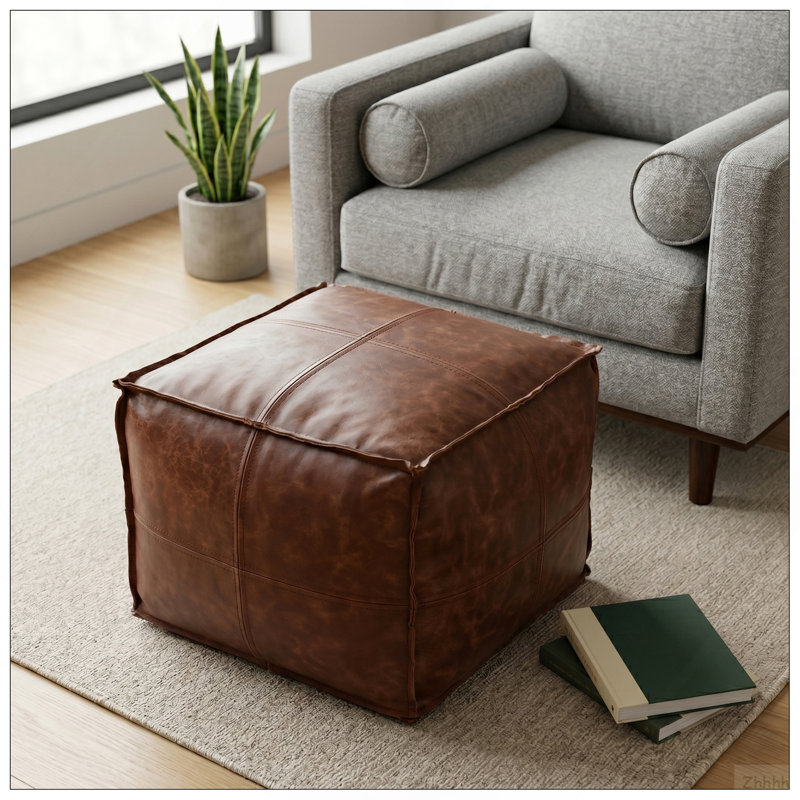 Repose-pieds carré en cuir véritable brun Sheffield, Cuir brun