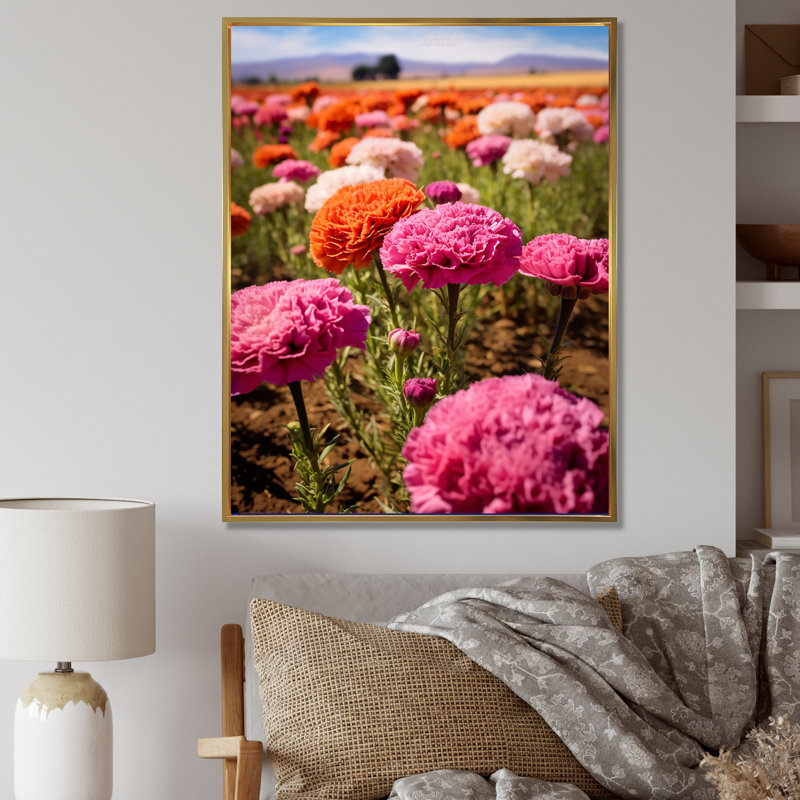 Rose, blanc, orange, œillets, art mural sur toile, Cadre flottant doré, H 40 po x l 30 po x P 1,5 po