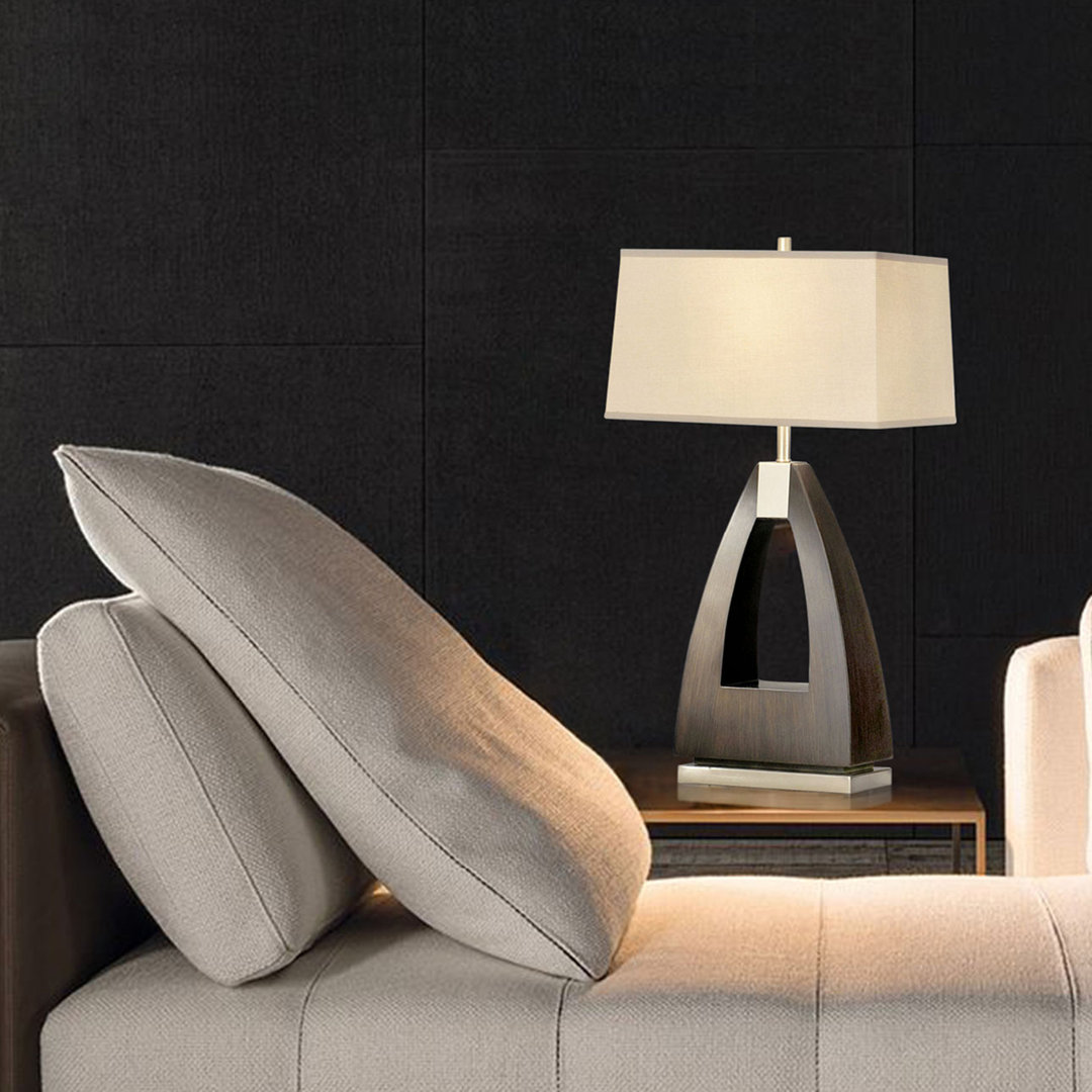 Trina Table Lamp - 30", Pecan Wood, Brushed Nickel, White Linen Shade, 3-way Switch Nova of California