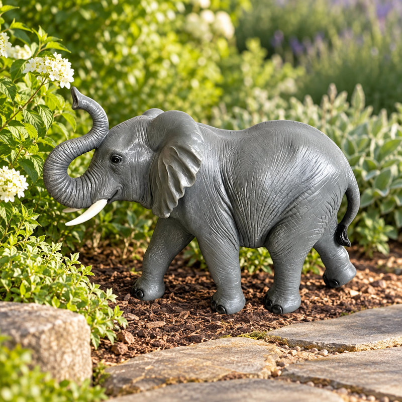 Statue d'éléphant de jardin avec trompe levée