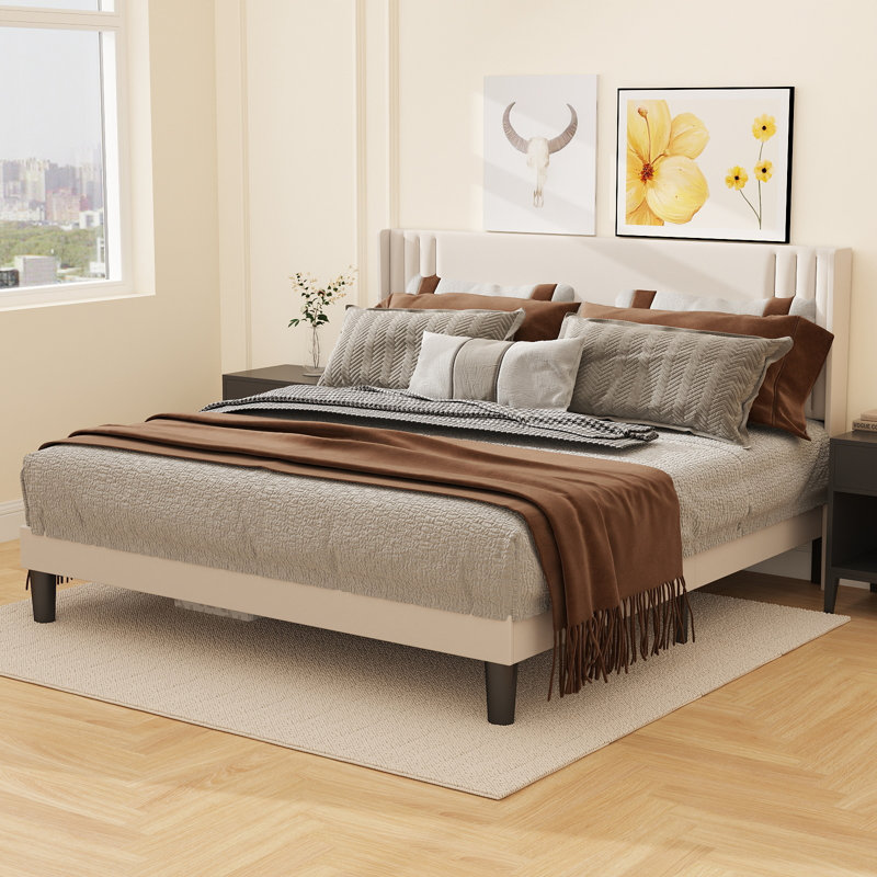 Bettyjean Wingback Platform Bed: Wood & Metal Frame + Underbed Storage, Queen, Beige