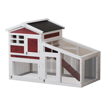 Durable Weatherproof 2-Tier Wooden Rabbit Hutch Cage - Removable Leak-Proof Tray - Anti-Chew Metal Ramp & Wire Netting - Ventilated Small Pet Haven - Indoor & Outdoor, Red