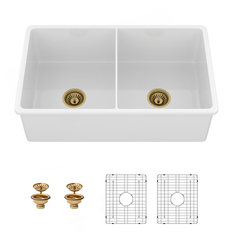 Évier de cuisine en céramique en porcelaine à double cuve encastrable 32 pouces avec cuves rectangulaires profondes pour une fonctionnalité à deux zones efficace.