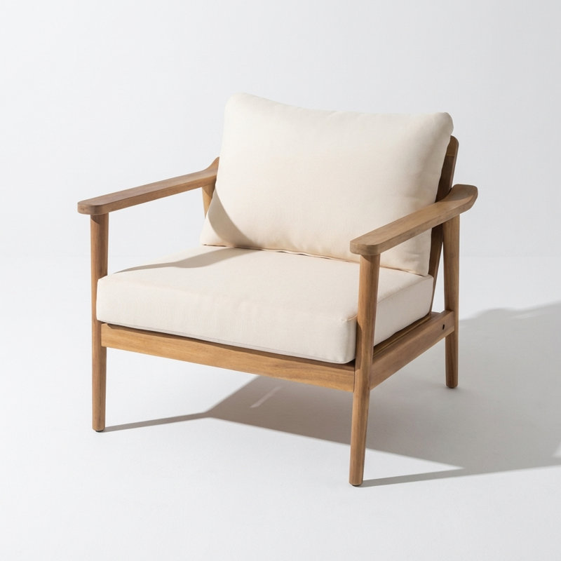 Chaise longue d'extérieur de style Mid-Century avec coussins, assise en bois massif durable résistante aux intempéries