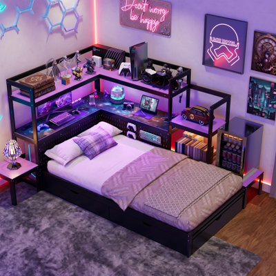 Lit de jour simple 96,6 "avec bureau intégré et éclairage à DEL - Cadre de lit multifonctionnel avec 3 tiroirs et station de charge - Tête de lit perforée - Noir + bleu / mauve / rouge