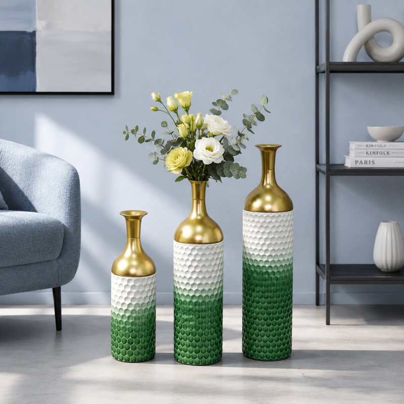 Ensemble de 3 vases de plancher verts, blancs et dorés, ensemble de vases gigognes à finition texturée