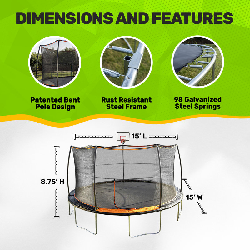 15' Black Round Trampoline with Enclosure and Basketball Hoop
