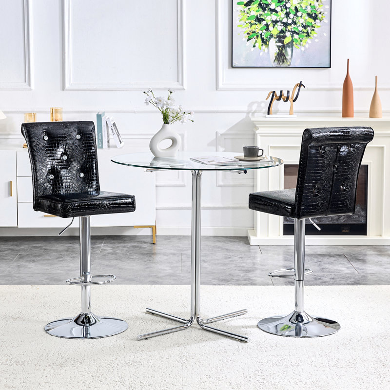 Ensemble de table de bar et tabourets Modern, table de pub ronde avec plateau en verre avec base en chrome argenté et 2 tabourets de bar en cuir de polyuréthane gaufré crocodile avec hauteur réglable et pivotant, ensemble bistro Home Bar