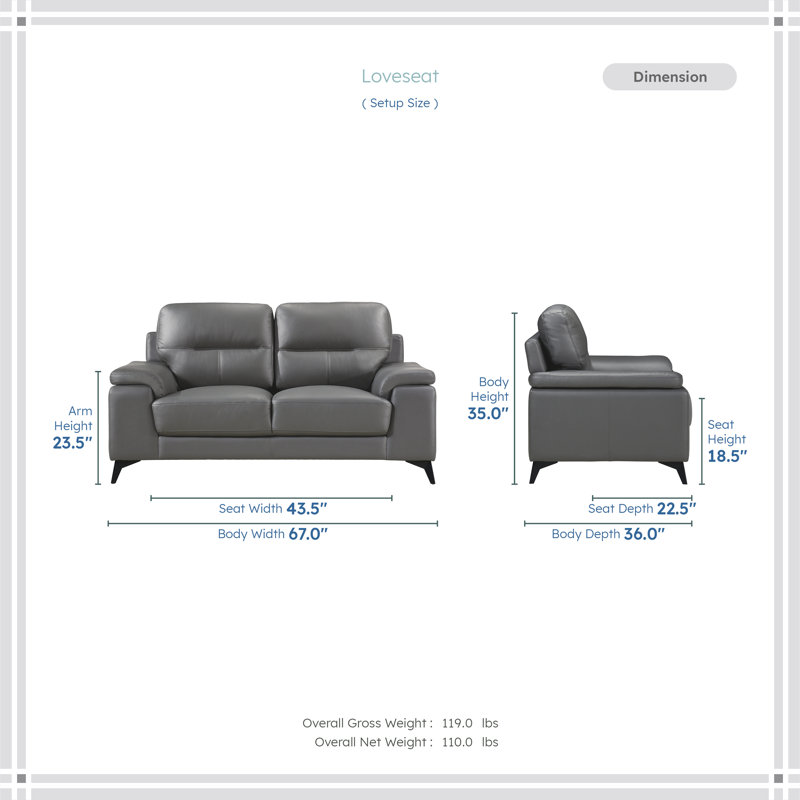 Dontario Modern & Contemporary Top Grain Leather 3-Piece Living Room Set with High-Density Foam, Exposed Metal Feet & Premium Seating Surfaces