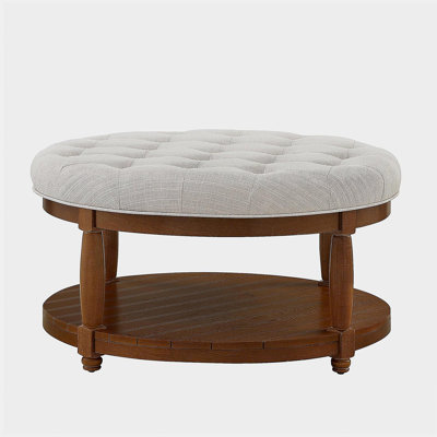 Large Round Upholstered Tufted Linen Ottoman Coffee Table, Large Footrest Ottoman with Wood Shelf Storage- Ivory