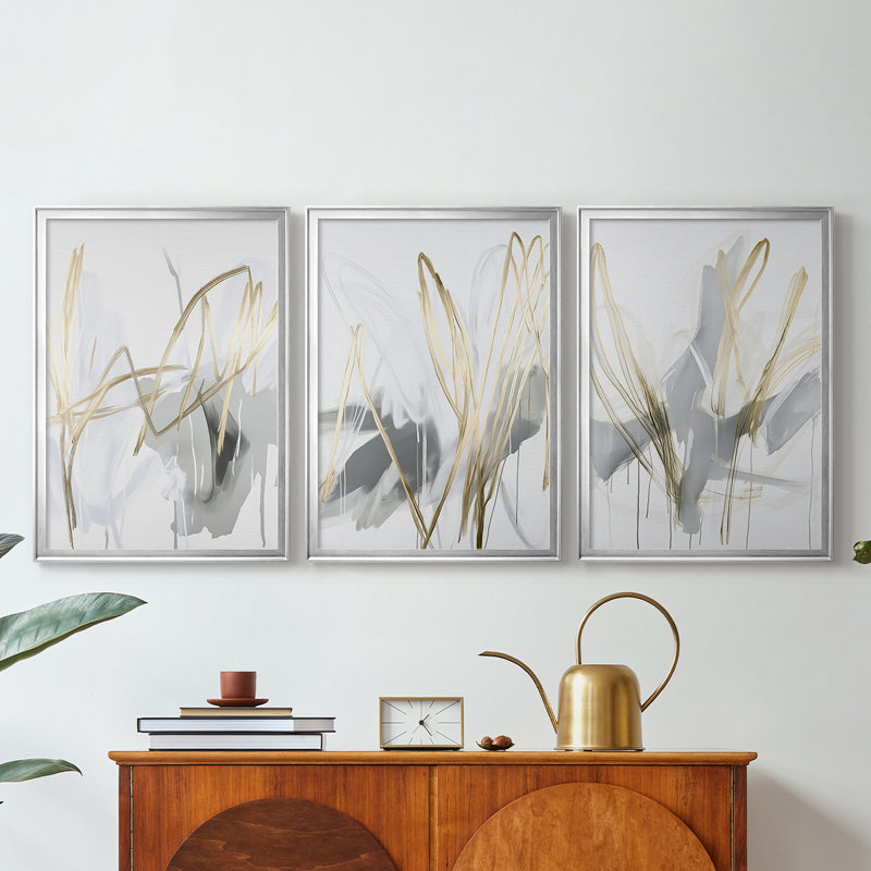 ABSTRACT Series DCCLV III - Toile tendue avec châssis sur mesure - 3 pièces, H 15 po x l 19 po, Argent argent