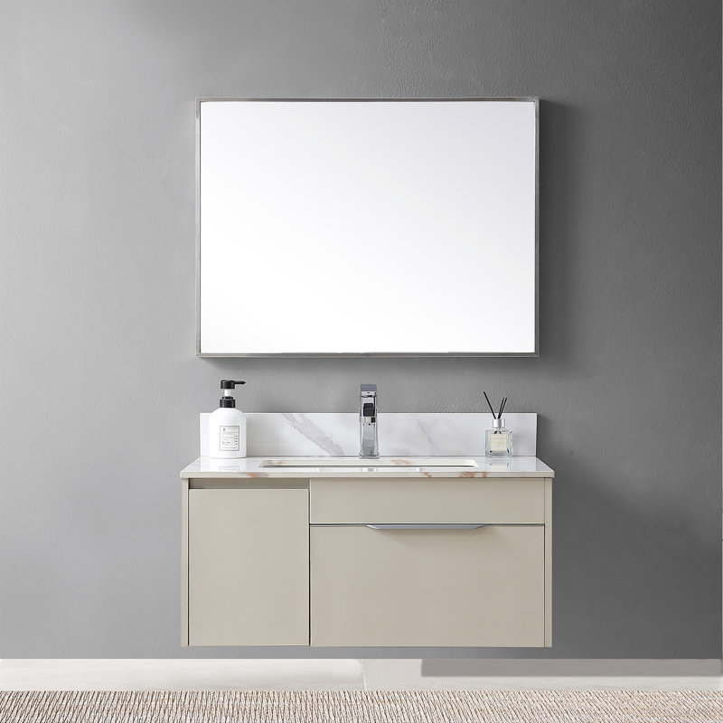 Dessus de meuble-lavabo en pierre de 31 pouces de couleur or de Carrare avec lavabo en céramique encastré et trou de robinet simple avec dosseret