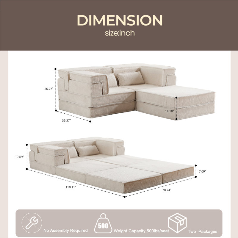Compression Mahjong Sofa,Convertible Floor Sofa Bed,DIY Boneless Modular Sectional Sofa,No Assembly Required,Circle Fleece Fabric,Oversized 2 Seater With 1 Ottoman