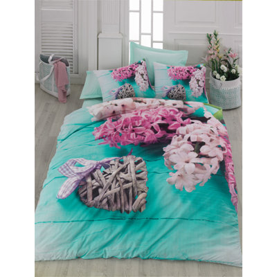 Ensemble de housse de couette 100% coton turquoise / rose / gris Hodson