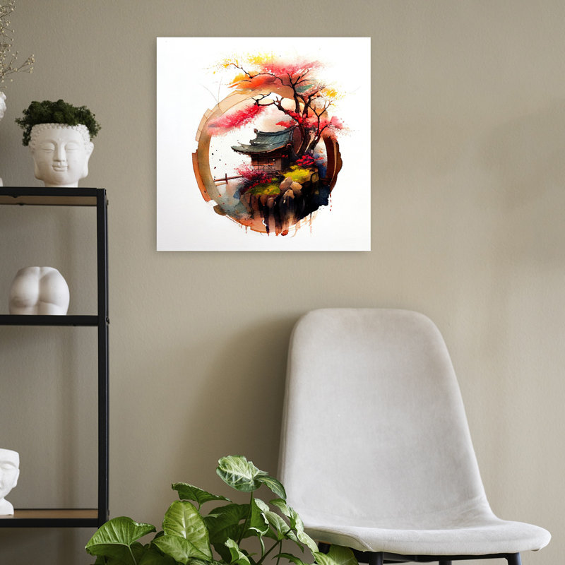 «Japanese Temple Blossoms Modern Abstract Contemporary Landscape Architecture», art mural, H 18 po x l 18 po