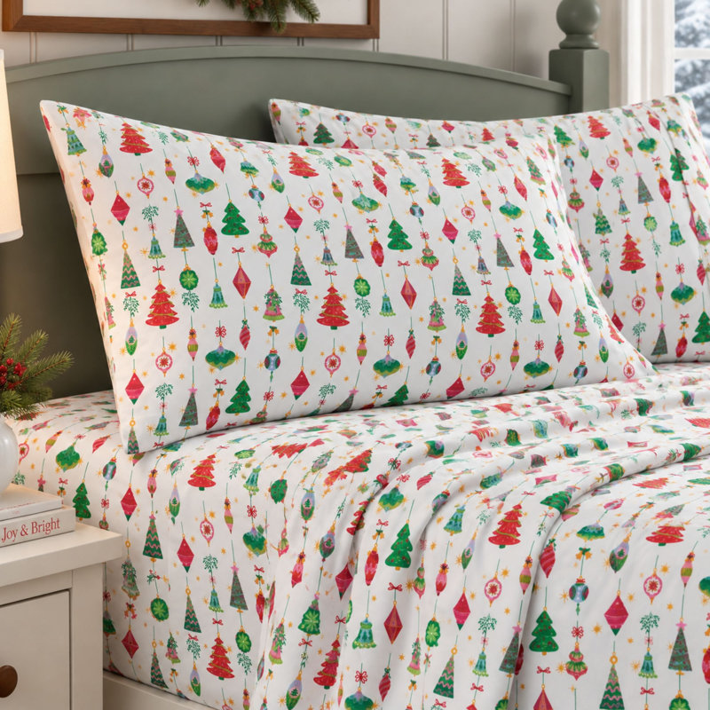 Winter Floral Soft Microfiber Sheet Set, King Sheet Set with 2 Pillowcases, Twinkling Ornaments