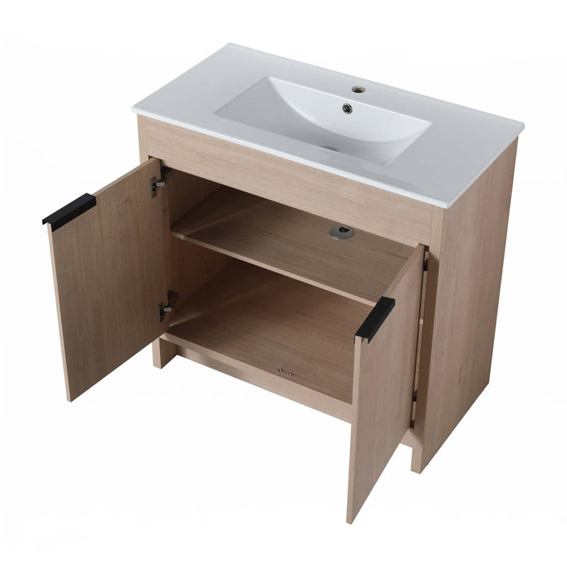Meuble-lavabo autoportant avec lavabo en céramique, Chêne clair uni