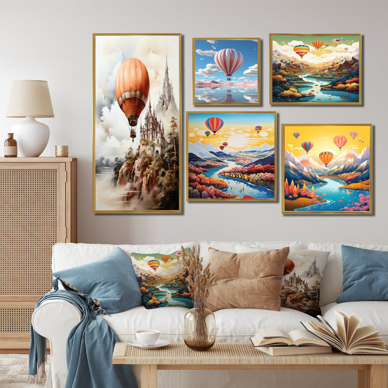 «Castle Hot Air Balloon Flight I», ensemble d'art mural sur toile en montgolfière, Cadre flottant doré