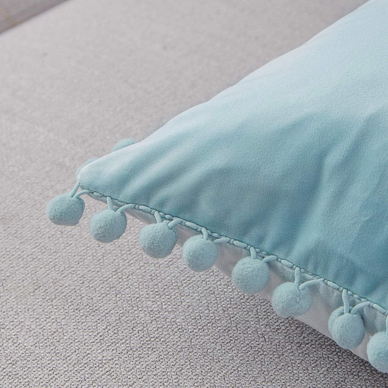 Pom Pom Velvet Pom Pom Velvet Lumbar Pillow Cover, Light Blue