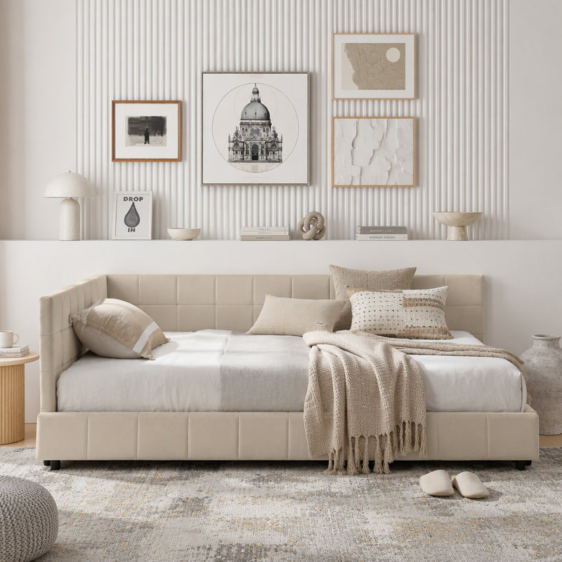 Lit de jour en velours capitonné, Beige