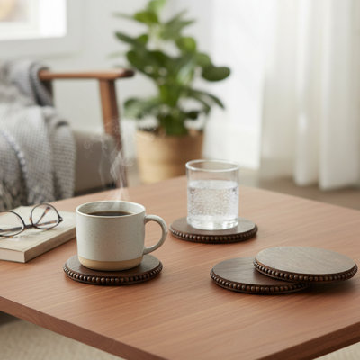 Set Of 4 Dark Brown Beaded Round Coasters