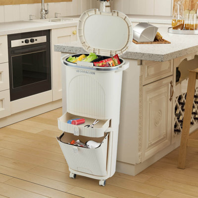 Poubelle de cuisine 11 gallons avec couvercle, 2 seaux amovibles, tiroir, pédale de marche