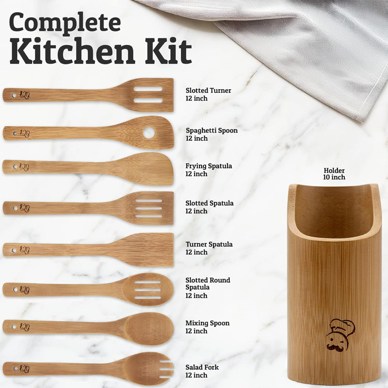 Ensemble d'ustensiles de cuisine en bois non toxique 8 pièces avec porte-ustensiles 8 pièces