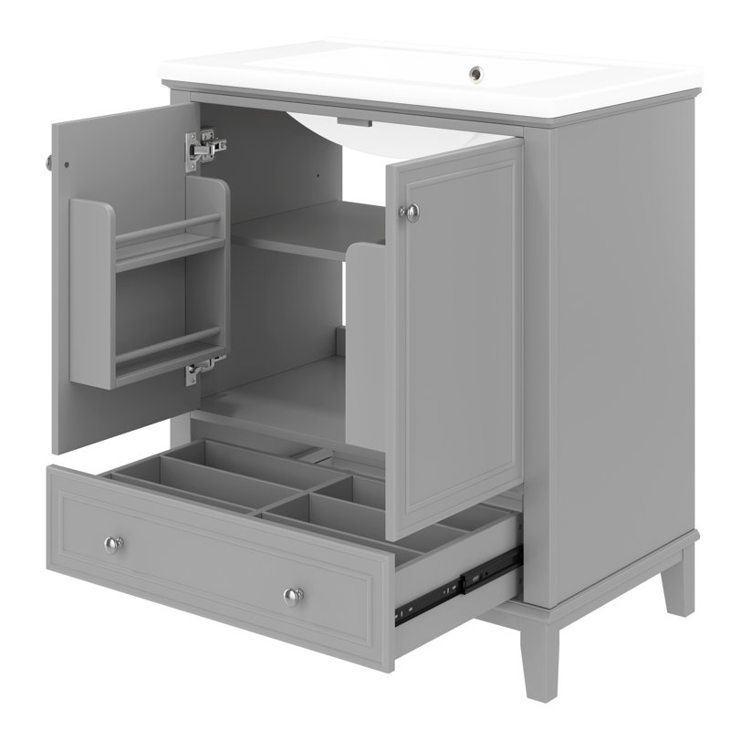 Meuble-lavabo gris avec lavabo - porte en bois massif et portes d'armoire avec rangement, Gris