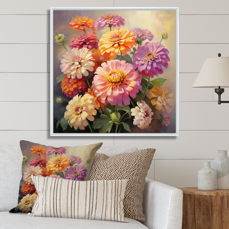 "Colorful Zinnias", impression romantique sur toile encadrée, H 36 po x l 36 po x P 1,5 po, Cadre flottant blanc