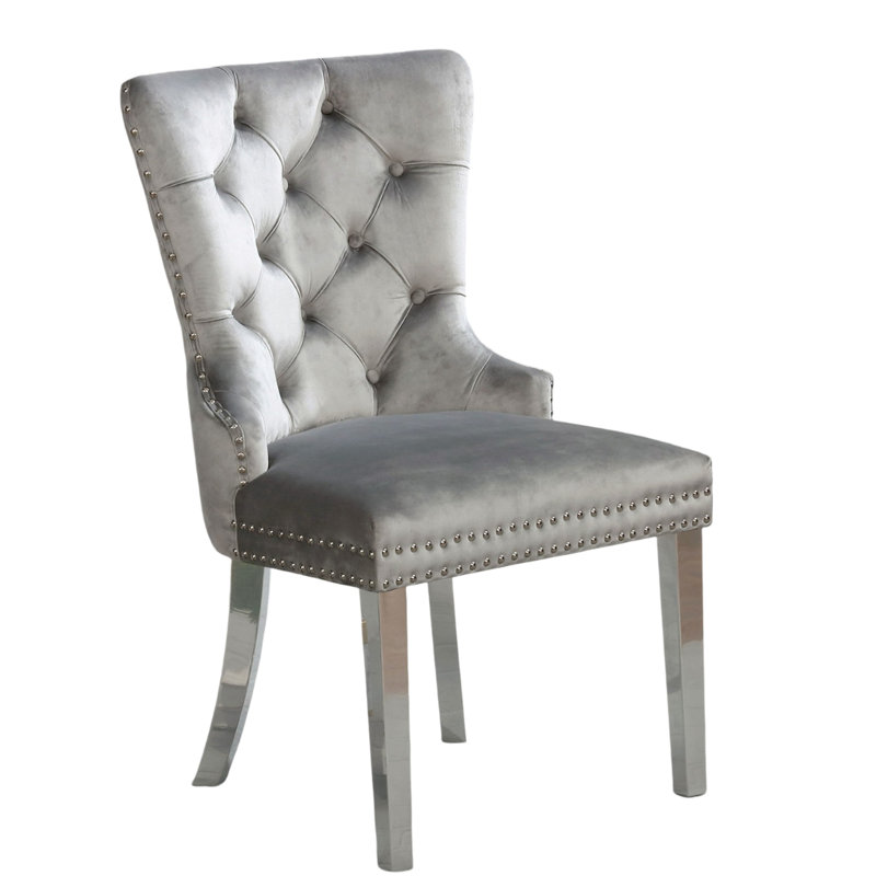 Fauteuil à oreilles en flanelle de luxe gris, avec pieds et pieds, 2 chaises de salle à manger avec dossier, bois massif,