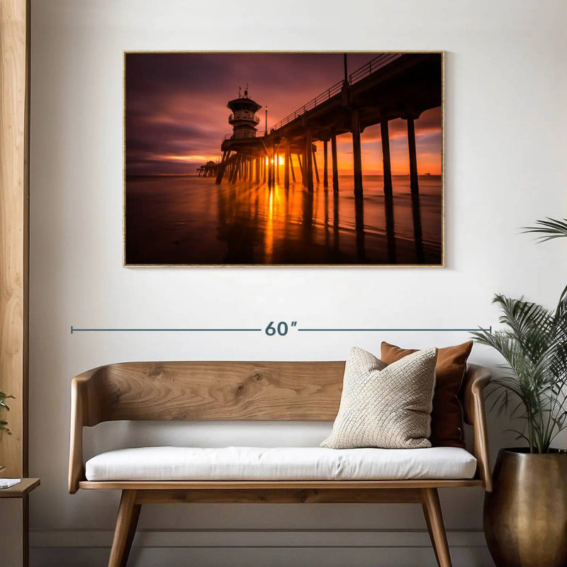 Coucher de soleil à Huntington Beach Pier, Cadre flottant en bois naturel, 46 po x 31 po
