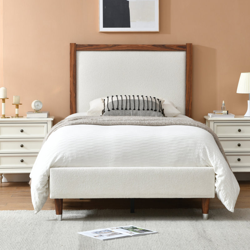 Lit plateforme en bois avec base rembourrée, Twin, Crème