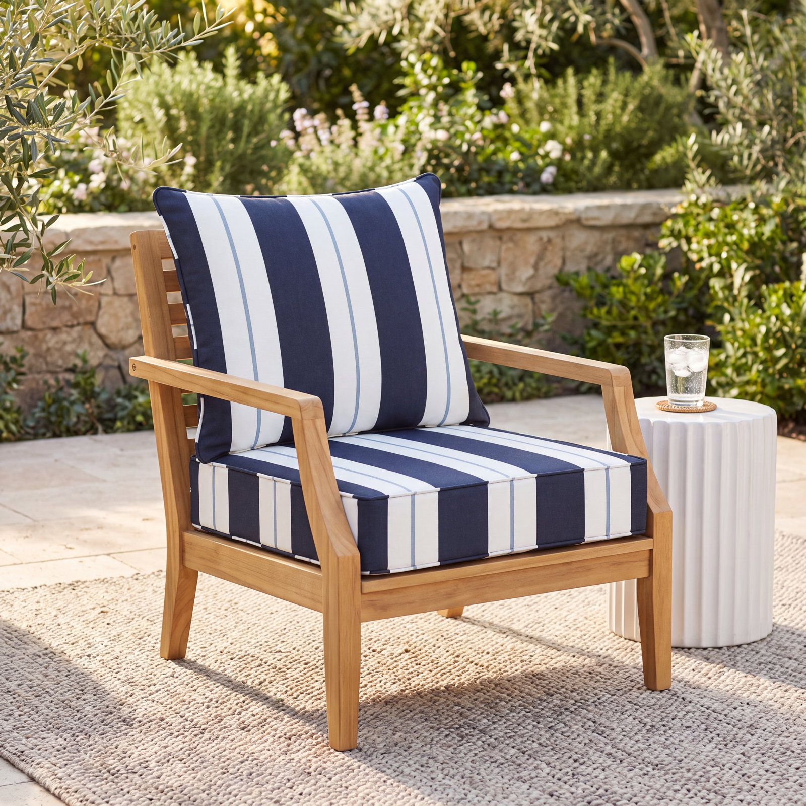 Navy Stripe Sunbrella®, 22.5" W x 22.5" D