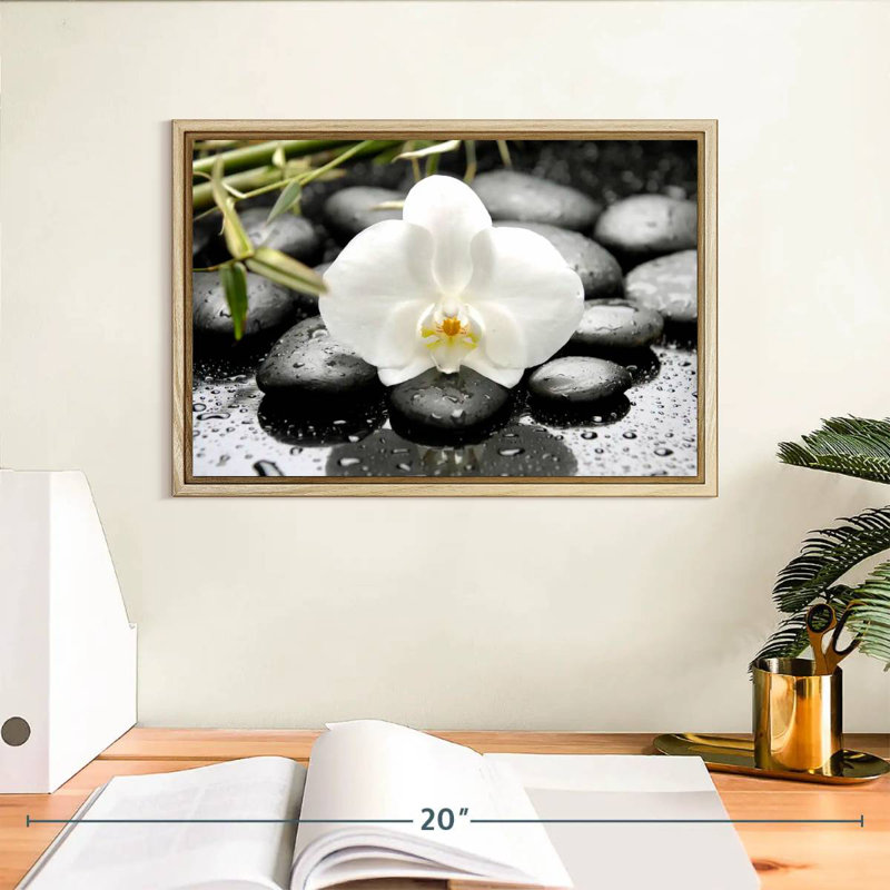 Orchidée blanche, 13 po x 9 po, Cadre flottant en bois naturel