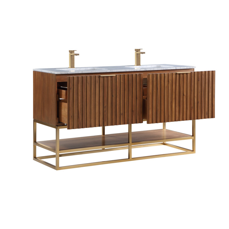 Terra 60'' Double Bathroom Vanity with Top, Walnut, Carrara Marble/Single Faucet Mount, Satin Brass