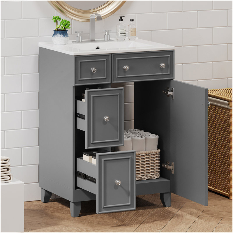 Meuble-lavabo gris 24 po avec lavabo en céramique, 2 tiroirs, 1 porte à fermeture en douceur, Gris