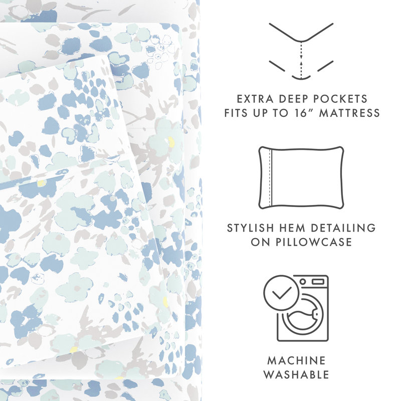 Violets Pattern Microfiber Sheet Set, Violet, Queen Sheet Set + 1 Fitted Sheet + 2 Pillowcases