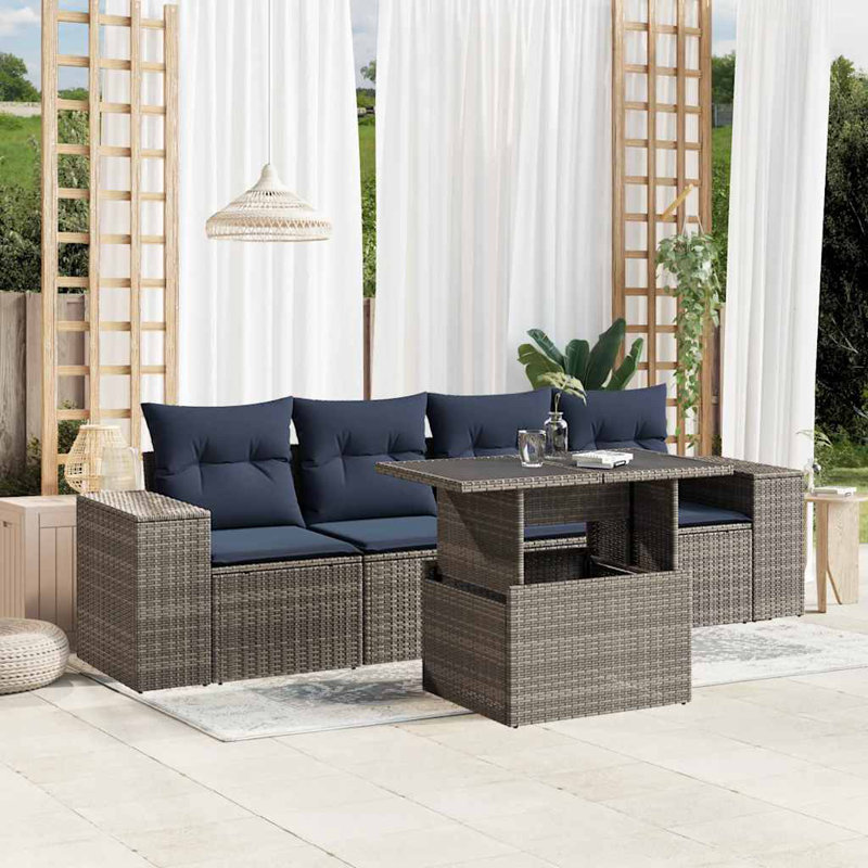 5 Piece Patio Sofa Set With Cushions Poly Rattan, Navy, Gray